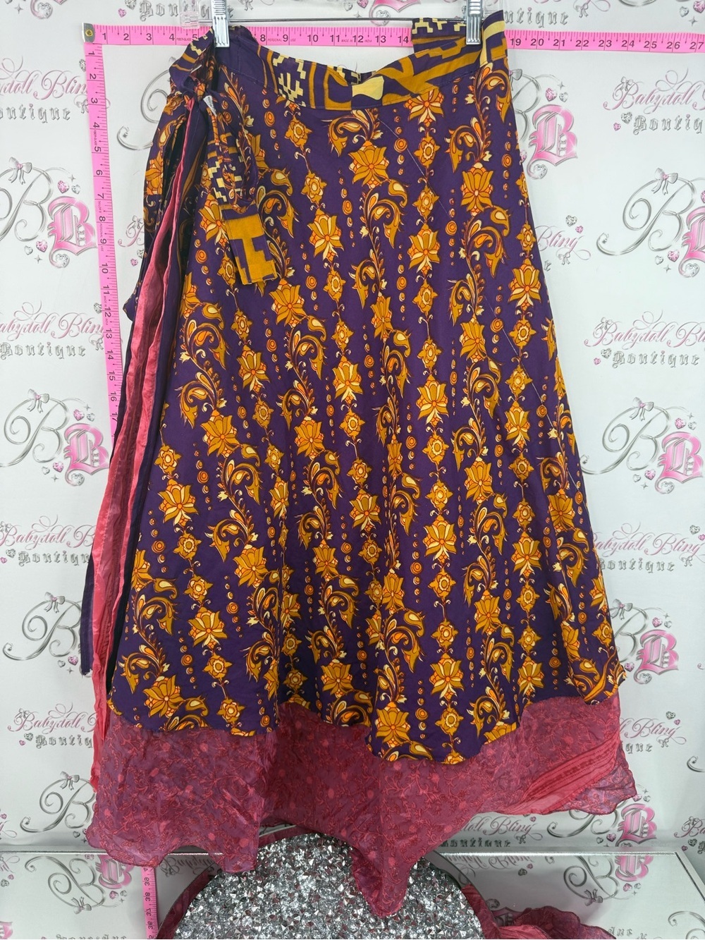 Skirt silk wrap tie up Boho Floral Wrap Midi Skirt in Purple and Gold